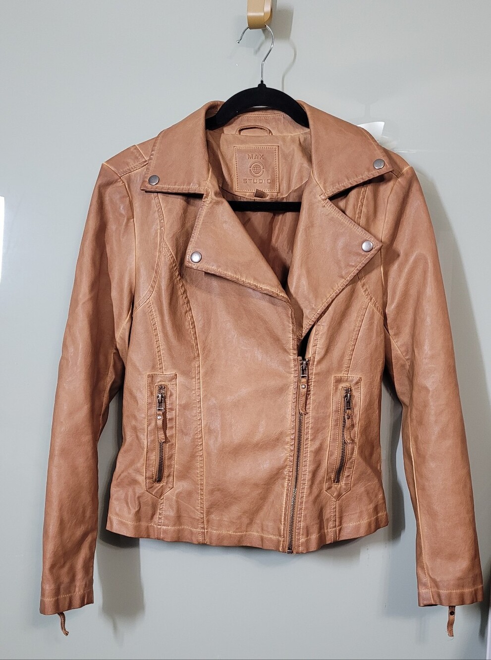Max Studio Tan Leather Moto Jacket with Asymmetrical Zip
